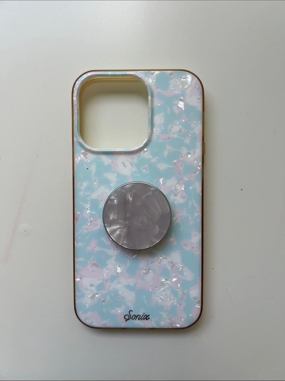 iPhone 13 Pro Sonix Mint and Pink Marble Case with Gray PopSocket